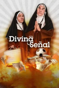 Duas freiras masculinas,uma séria com maleta,outra em oração. Dinheiro em chamas e bola de futebol sobre explosão caótica.