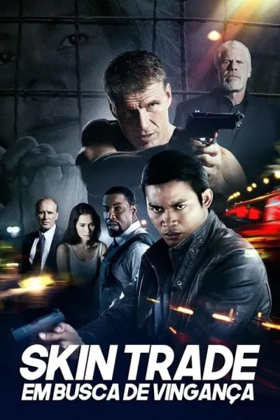 Pôster de ação com vários personagens. Homens armados, uma mulher. Ao fundo, olhos de criança atrás de grades e luzes da cidade. Clima tenso.