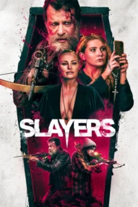 Pôster de horror/ação. Personagens diversos com armas, sangue e olhos vermelhos. Caixões e splashes de sangue criam clima sombrio e violento.