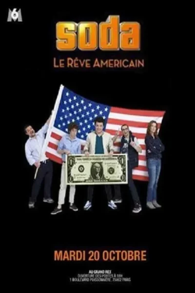 Cinco jovens felizes com uma bandeira americana e uma nota de dólar gigante em fundo preto, evocando o Sonho Americano.