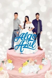Três personagens sorrindo em um bolo de casamento rosa com flores. Mulher de vestido branco no centro. Cena festiva e romântica.