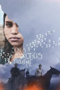 Pôster collage: Rosto sério de mulher no topo. Abaixo, 3 homens em cavalos numa paisagem rural e dramática. Clima introspectivo.