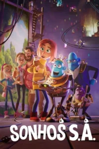 Pôster animado. Família e seres fantásticos coloridos em primeiro plano,contra floresta e cidade futurista iluminada.