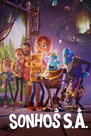 Pôster animado. Família e seres fantásticos coloridos em primeiro plano, contra floresta e cidade futurista iluminada.