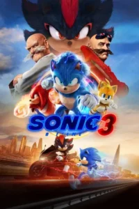 Heróis Sonic, Knuckles e Tails enfrentam Shadow e dois vilões humanos. Cena de ação rápida com cidade ao fundo, raios e fogo.