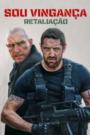 Dois homens sérios, um careca em casaco, outro barbudo com colete tático e rifle, em fundo neutro. Clima tenso de ação.