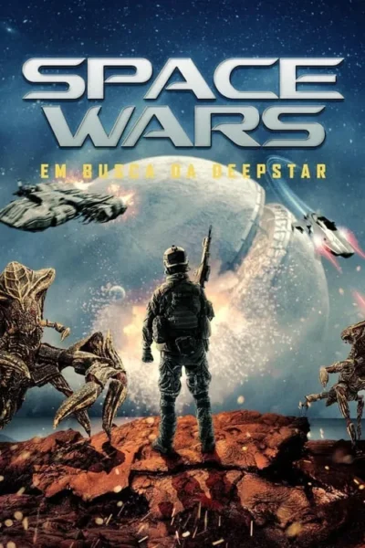 Soldado em planeta alienígena rochoso, com duas criaturas monstruosas. Naves voam perto de um planeta misterioso no espaço. Ação e ficção científica.