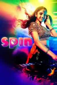 Jovem DJ sorridente de traje brilhante,fones e cabelo ao vento,mixando em painel,com luzes vibrantes.