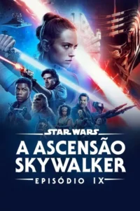 Pôster de ficção científica. Heroína com sabre de luz azul e vilão mascarado com sabre vermelho. Heróis diversos,naves espaciais em céu estrelado. Clima de aventura épica.