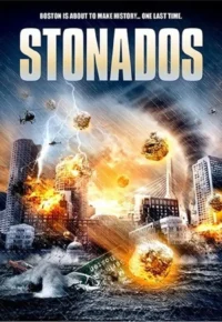Pôster:Boston devastada por pedras caindo do céu. Prédios em chamas,ruas inundadas,relâmpagos e helicópteros. Clima de caos apocalíptico.
