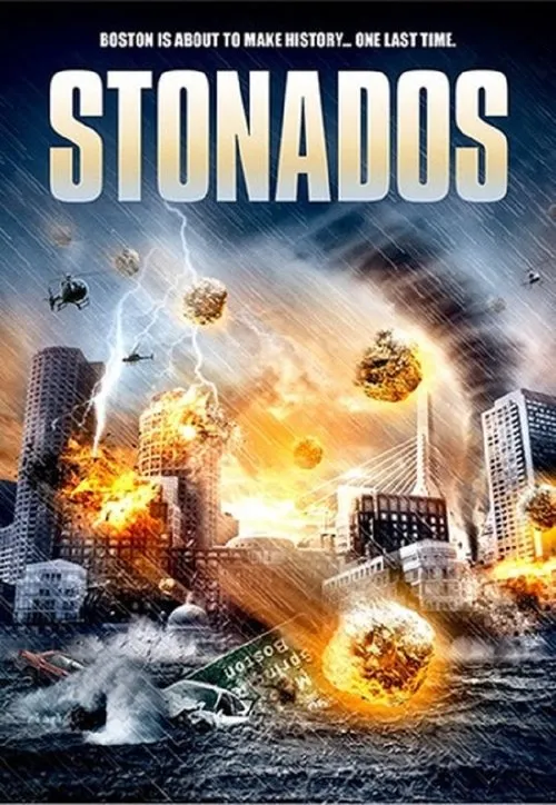 Pôster:Boston devastada por pedras caindo do céu. Prédios em chamas,ruas inundadas,relâmpagos e helicópteros. Clima de caos apocalíptico.