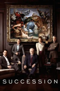 Cinco pessoas sérias em trajes formais numa sala luxuosa. Acima, uma pintura grande de batalha caótica com homens e animais selvagens.