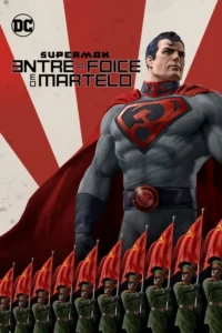 Homem musculoso,com capa vermelha e símbolo de foice e martelo no peito cinza. Soldados com bandeiras soviéticas desfilam. Fundo radial vermelho.