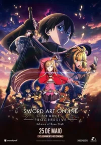 Pôster de anime:Jovem com espada,garota com rapier e outra com garras lideram vários guerreiros sob um céu dramático de pôr do sol.