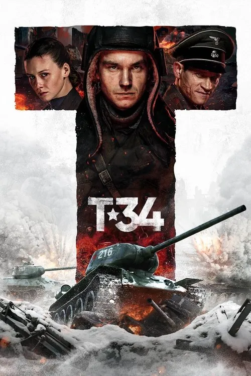 T-34:O Monstro de Metal 1 Pôster de guerra:3 personagens sérios (homem de tanque,mulher,oficial nazista) acima de tanques soviéticos em combate nevado,com fogo e explosões.