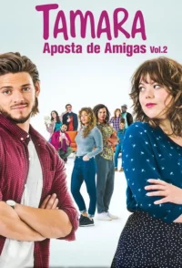 Pôster com homem de braços cruzados sorrindo e mulher de franja olhando ao lado. Ao fundo,grupo diverso de amigos. Clima jovem e cômico.