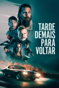 Pôster de suspense. Vários atores com expressões sérias e armas, sob fundo noturno de cidade com carro esportivo.