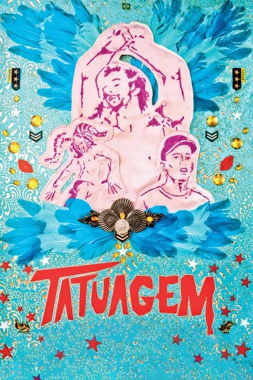 Tatuagem 1 Pôster vibrante. Três figuras rosadas com glitter,cercadas por penas azuis e insígnias militares,sobre fundo turquesa ornamentado.