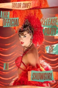 Pôster:Mulher glamorosa em traje de showgirl vermelho com penas e joias,maquiagem ousada,fundo teatral vibrante.