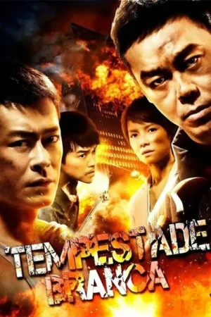 Pôster com cinco personagens sérios em primeiro plano. Ao fundo, uma cidade em chamas e explosões, sugerindo ação intensa e perigo.