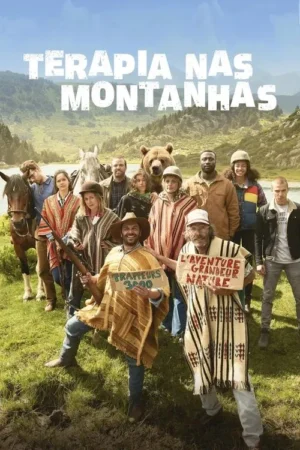 Grupo diverso de pessoas, um cavalo e um urso, em paisagem montanhosa com lago. Usam ponchos. Clima de aventura cômica.