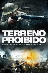 Pôster de guerra. Um soldado em primeiro plano mira rifle sob chuva. Abaixo,batalha com explosões,soldados e avião. Clima intenso e sombrio.