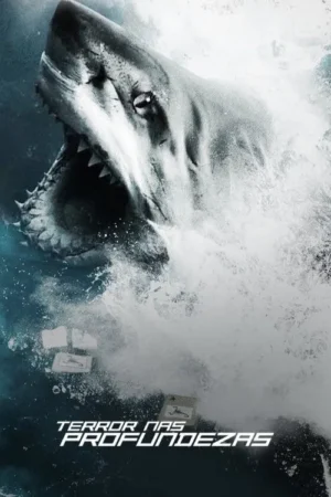 Pôster: Grande tubarão-branco irrompe da água escura, boca aberta com dentes afiados, cercado por respingos. Clima ameaçador.