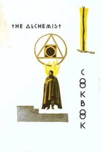 Pôster de colagem: figura encapuzada sobre degraus, com símbolo alquímico e auréola de luz dourada. Clima misterioso.