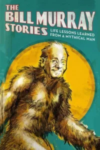 Ilustração de um homem de rosto sorridente e corpo peludo de Bigfoot sobre fundo azul-petróleo com um círculo amarelo. Estilo retrô.