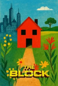Pôster ilustrado:Casa vermelha no centro de um gramado verde com flores. Ao fundo,uma cidade e céu azul. Estilo vibrante e contraste rural/urbano.