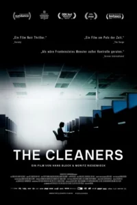 The Cleaners 4 Silhueta de pessoa solitária em um vasto escritório escuro, cercada por monitores de computador. Clima digital e isolado.