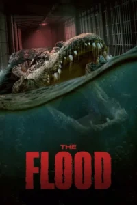 Um crocodilo gigante emerge da água escura num corredor de prisão inundado,com a boca aberta e dentes afiados. Clima tenso e perigoso.