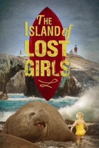 Criança loira em amarelo e elefante-marinho na praia rochosa. Farol e figuras pulando ao fundo. Mar agitado, clima de aventura.
