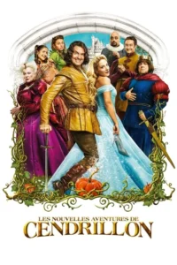 Pôster de fantasia comédia. Grupo de personagens em trajes medievais coloridos,incluindo princesa em azul e aventureiro. Castelo e abóboras.
