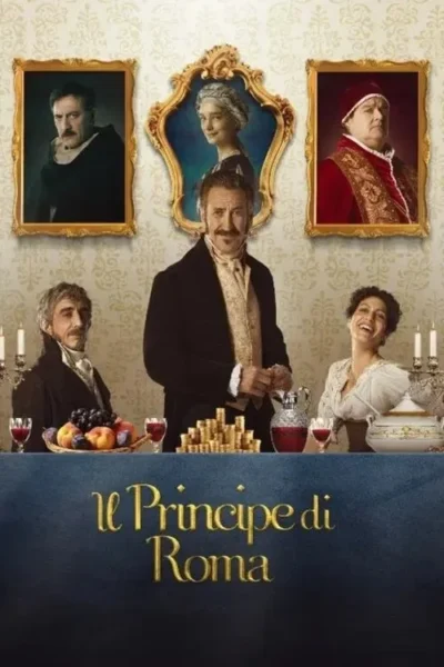 Pôster de época: Homem elegante de bigode em destaque, com outros personagens e retratos, em mesa opulenta com vinho, frutas e ouro. Clima suntuoso.