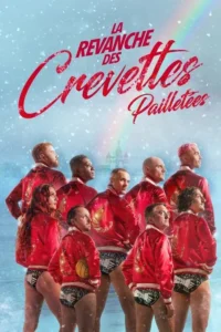 Grupo diverso de 9 pessoas em jaquetas vermelhas com camarão bordado e sungas,na neve. Fundo azul com arco-íris e construção distante. Humor e ousadia.