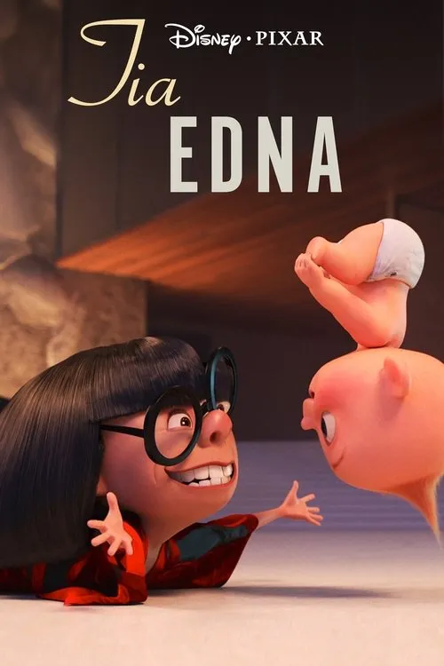 Tia Edna 1 Mulher de cabelo bob e óculos grandes sorri animadamente para um bebê em fralda,flutuando sobre uma forma rosa. Cenário escuro,clima divertido.