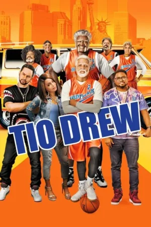 Grupo variado com jovens e homens idosos caracterizados como jogadores de basquete, em frente a um cenário urbano vibrante. Clima cômico.