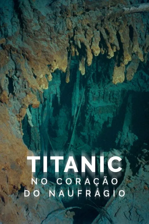 Titanic:No Coração do Naufrágio 1 Pôster subaquático:estruturas rochosas ou corroídas em azul-petróleo e marrom. Ambiente profundo e misterioso.