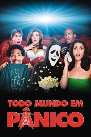 Pessoas assustadas e um personagem de máscara de terror com pipoca em um cinema. Um homem usa camisa I SEE DEAD PEOPLE. Clima de paródia.