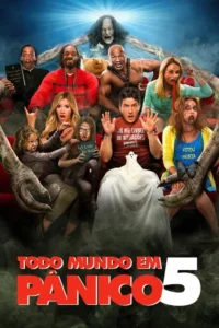 Múltiplos personagens em pânico assistem a algo em um cinema,incluindo celebridades e figuras cômicas/grotescas. Mãos monstruosas e fantasmas. Paródia.