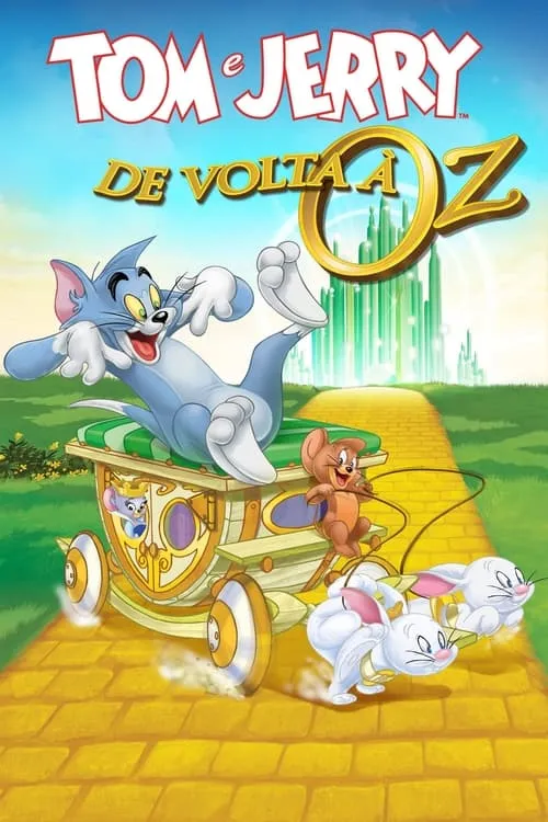 Tom &Jerry:De Volta À Oz 1 Pôster animado. Um gato azul em uma carruagem é puxado por um rato e coelhos,na estrada de tijolos amarelos para uma cidade verde.