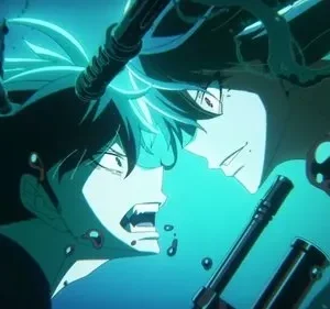 Dois homens anime se enfrentam. Um com presas e tubos na cabeça, gritando; outro sorri com tentáculos. Clima tenso azul-escuro.