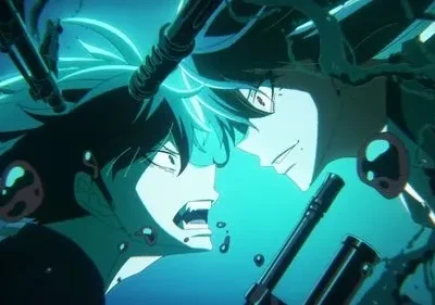 Dois homens anime se enfrentam. Um com presas e tubos na cabeça, gritando; outro sorri com tentáculos. Clima tenso azul-escuro.