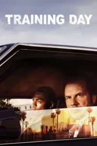 Dois homens no carro:um jovem afro-americano e um branco mais velho. Janela reflete cidade com palmeiras ao pôr do sol.