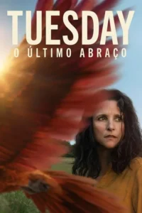 Mulher com expressão séria, cabelo escuro, olha à direita. À esquerda, forma alada avermelhada em contraluz solar, sobre campo.