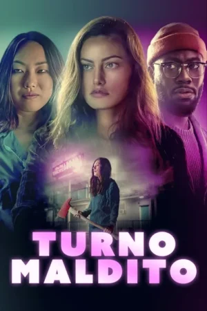 Três personagens sérios sobrepostos. Embaixo, uma mulher segura um machado diante de um motel escuro, sob luzes roxas e neon. Clima tenso.