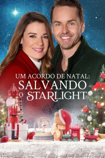 Casal sorridente com céu estrelado ao fundo. Na parte inferior, decorações natalinas como um quebra-nozes e árvore. Clima festivo.