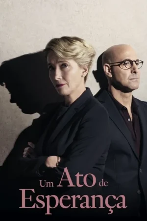 Pôster: Mulher loira e homem careca de óculos, em ternos escuros, de costas. Expressões sérias. Sombras marcantes em fundo claro.