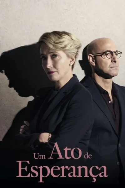 Pôster: Mulher loira e homem careca de óculos, em ternos escuros, de costas. Expressões sérias. Sombras marcantes em fundo claro.